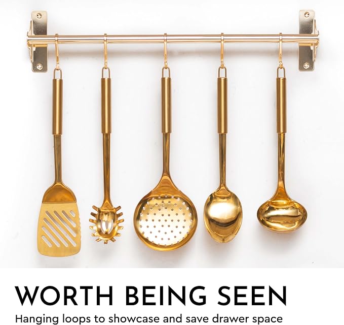 Styled Settings Gold Cooking Utensils Set, 5-Piece | Stainless Steel Kitchen Tools for Modern Cooking and Serving - Ladle, Spoon, Spatula, Pasta Fork - Brass Kitchen Accessories - Image 5