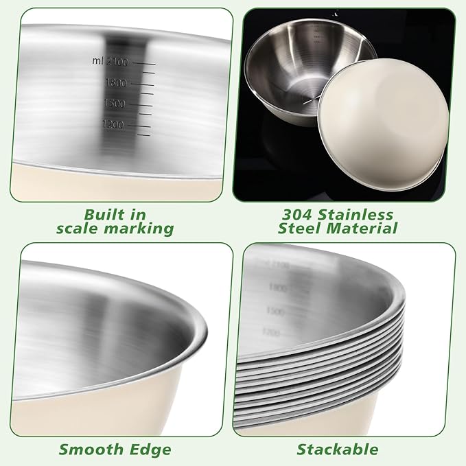 12 Pcs Stainless Steel Mixing Bowls Nesting Metal Prep Salad Bowls with Scale Reusable Baking Cooking Food Soup Storage Organizers for Kitchen Refrigerator(2.2QT)