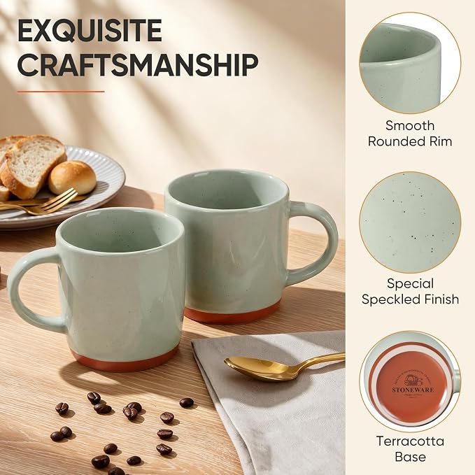 E-far Ceramic Coffee Mug Set of 6, 12oz Stoneware Coffee Cup with Handle, Porcelain Tea Cups, Modern Farmhouse Latte Mug Gift Set for Women & Men, Microwave Safe, Speckled Green - Image 3