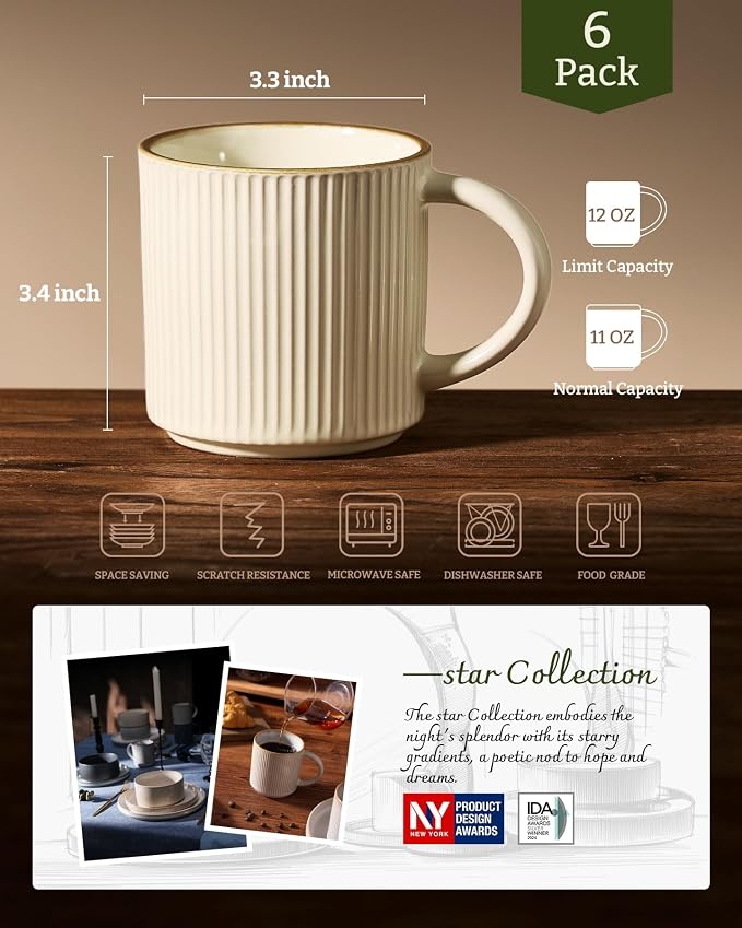 famiware Coffee Mug Set for 6, Star 12 oz Catering Mugs Cup Set with Handle for Coffee, Tea, Cocoa, Milk - Ceramic Stoneware Drinkware Set, Vanilla White - Image 4