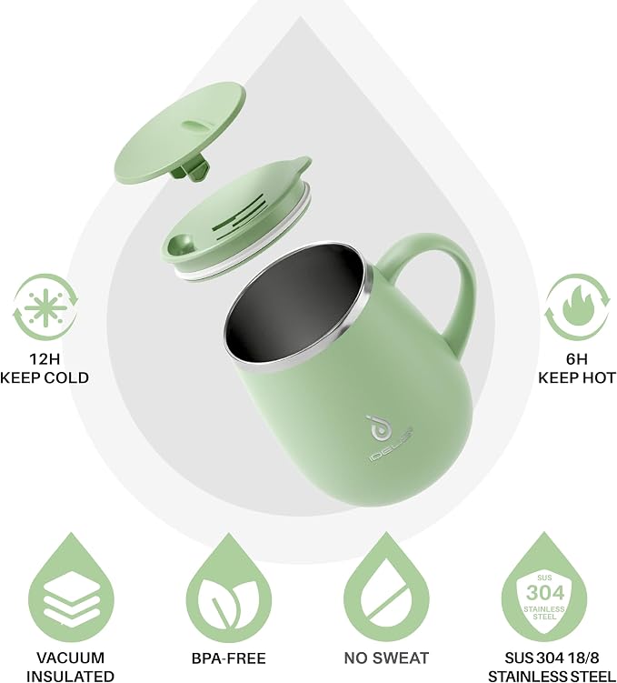 Ideus 16 oz Insulated Coffee Mug with Handle and Lid, Double Wall Stainless Steel Vacuum Thermal Coffee Mug, Travel Coffee Cup Thermal Cup for Home and Office, Avocado Green - Image 2
