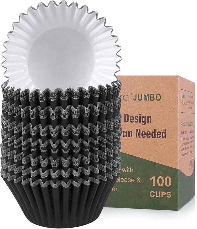 Caperci Heavy Duty Black Jumbo Cupcake Muffin Liners for Baking - Extra Large 100pcs Grease-Resistant Paper Baking Cups, No Muffin Pan Needed, Odorless, Easily Peels (Black) by Caperci