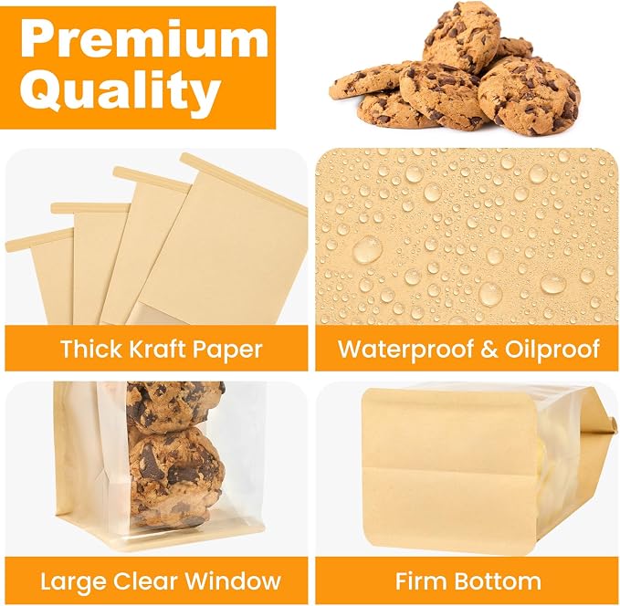 Ocmoiy Small Cookie Bags with Window, 3.9 x 3.5 x 9.5 Inches, 50 Pack | Tin Tie Tab Lock, Bakery Packaging Bag, Resealable Paper Pastry Bags, For Homemade Granola, Popcorn, Candies, Treat - Image 3