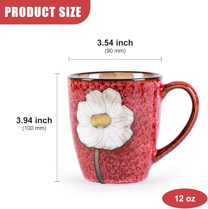 12oz Coffee Mugs Set of 4, Hand-Painted Floral Stoneware Cups with Handle, Dishwasher Microwave Oven Safe, Cappuccino Mugs for Latte, Tea, Espresso & Hot Cocoa, for Home Kitchen & Cafe, Red - Image 3