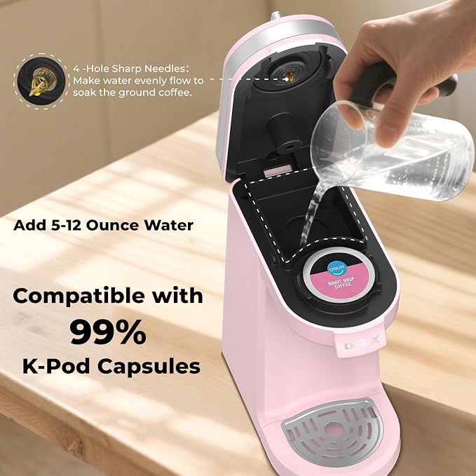 CHULUX Mini Single Serve Coffee Maker for K Cup, Fast Heating, Dusty Rose | Fast-Heating Boiler System, Single Cup Brewing, Portable Compact Design, Four-Hole Multi-Stream Needle, Adjustable Drip Tray - Image 4
