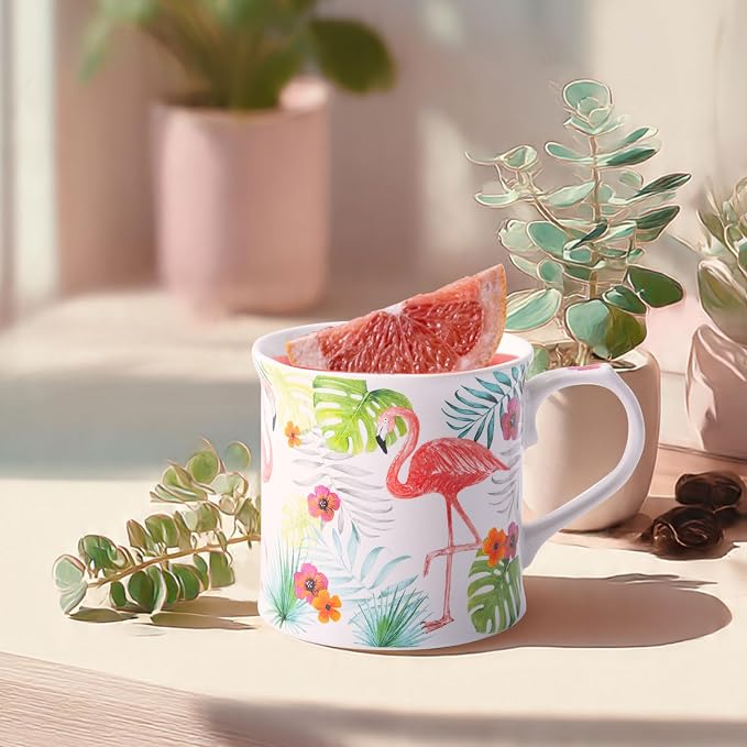 Flamingo Coffee Mug, Pink Flamingo & Tropical Plants Ceramic Mug, 12oz New Bone China Tea Mug, Birthday & Summer Gift for Women & Girls, Designed in England by Harvest Green Studio - Image 2