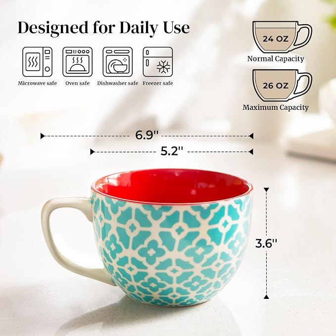 DOWAN 24 OZ Boho Mosaic Soup Mugs with Handle, Large Coffee Mugs Set of 4 | Six Design! Large Ceramic Mugs for Soup/Coffee/Cereal/Latte, Thanksgiving and Housewarming Gifts for Family and Friends - Image 2