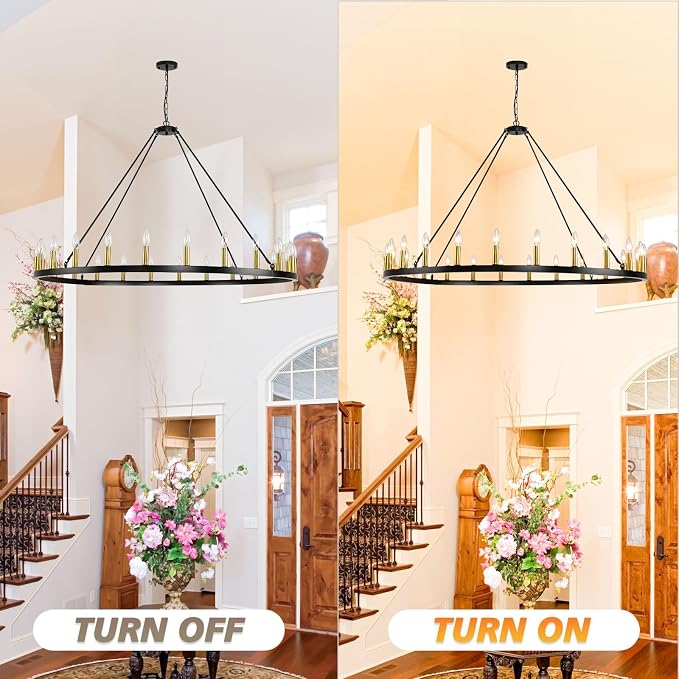 WJShome 24-Light Wagon Wheel Chandelier Farmhouse, 54" Extra Large Chandeliers for High Ceilings, Round Chandeliers for Dinning Room, Entryway, Foyer, Living Room（Black & Gold） - Image 5