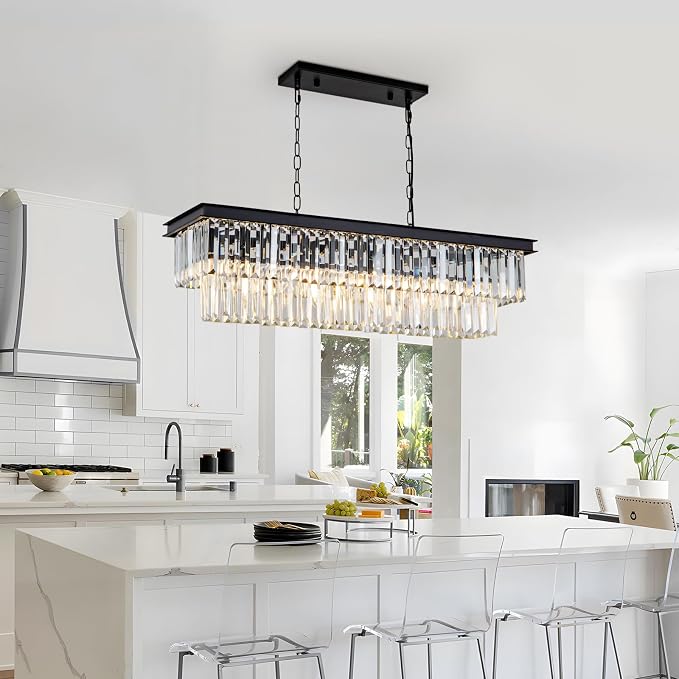 Black Crystal Chandelier for Dining Room Light Fixture Rectangle Modern Farmhouse Chandelier Contemporary Pendant for Kitchen Island Living Room Long Chandelier Rectangular Lighting - Image 2