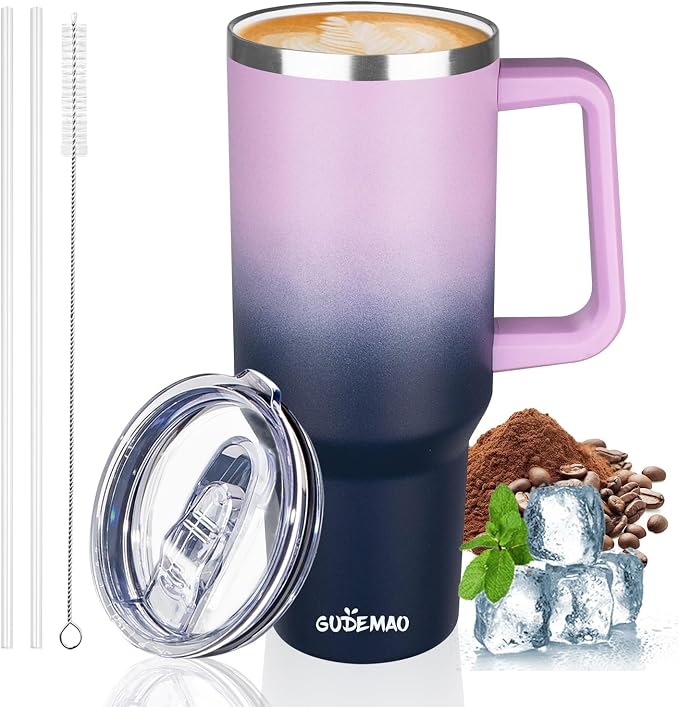 40 oz Insulated Coffee Mug with Ceramic Coating, Stainless Steel Travel Mug Tumbler with Handle Lid and Straw, Double Wall Leak-Proof Coffee Travel Mug Keeps Drink Hot and Cold (Purple Navy) by GUDEMAO