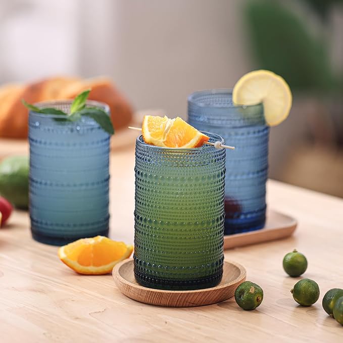 Moretoes Large 15oz Blue Hobnail Drinking Glass Set of 12 | Vintage Glassware,Embossed Glass Cups,Water Tumbler,Highball Glasses For Beer, Juice And Various Mixed Drinks - Image 5