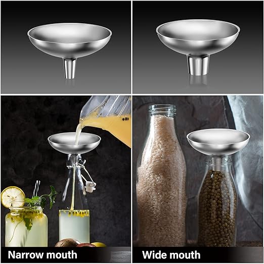 Stainless Steel Funnel, 2 Large and Small Mouth Filling Kitchen funnels, Liquids, fluids, Spices and Powders, Durable and Washable.