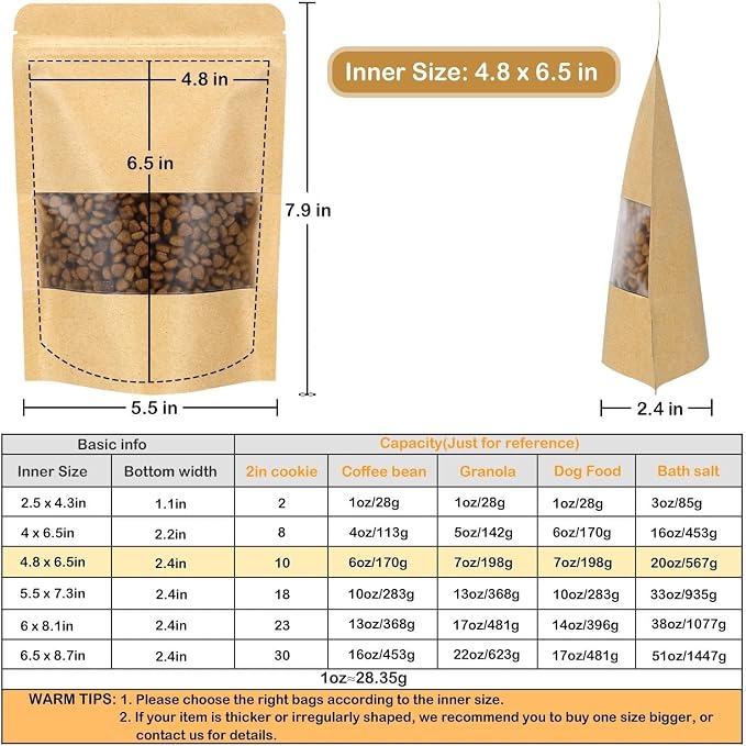 50 Pack Kraft Resealable Bags with Window for Storage (4.8 x 6.5 Inches) | Brown Zipper-Lock Heat Sealable Stand Up Pouch Bags with Matte Window and Tear Notch for Small Business Home Use - Image 2