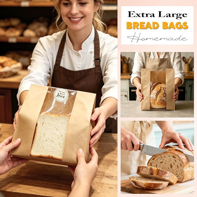 Extra Large Paper Bread Bags for Homemade Bread with Window & Sticker for XL Sourdough Breads, Round Loaf, Baked Goods, Oval Loaves, Brown Kraft - 45 Pcs 16x10x5 Inch - Image 7
