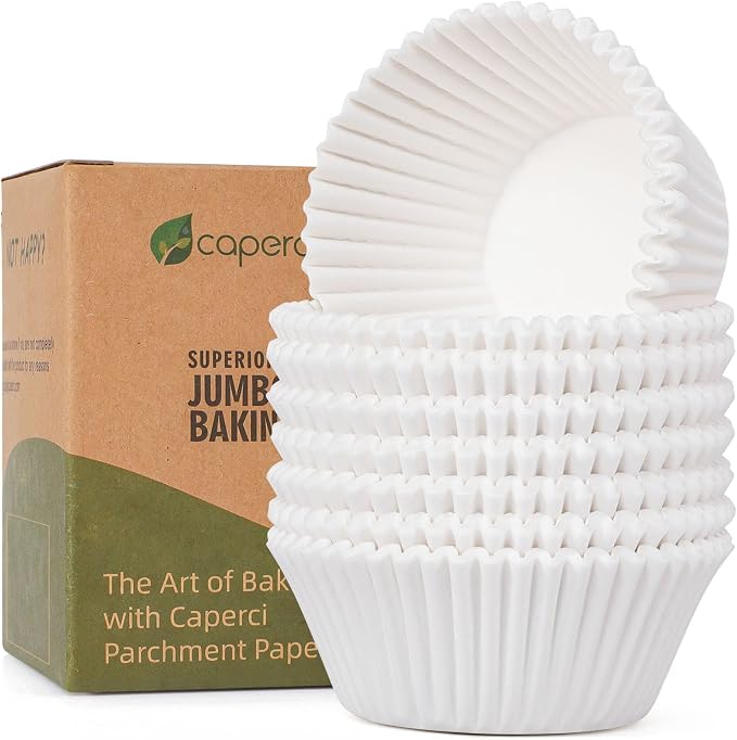 Caperci Parchment 200pcs Jumbo Muffin Liners for Baking - White Paper Large Cupcake Liners for Jumbo Muffin Pan, Balanced Non-Stick/Excellent Grease-proof, Odorless, Food Grade (White) by Caperci