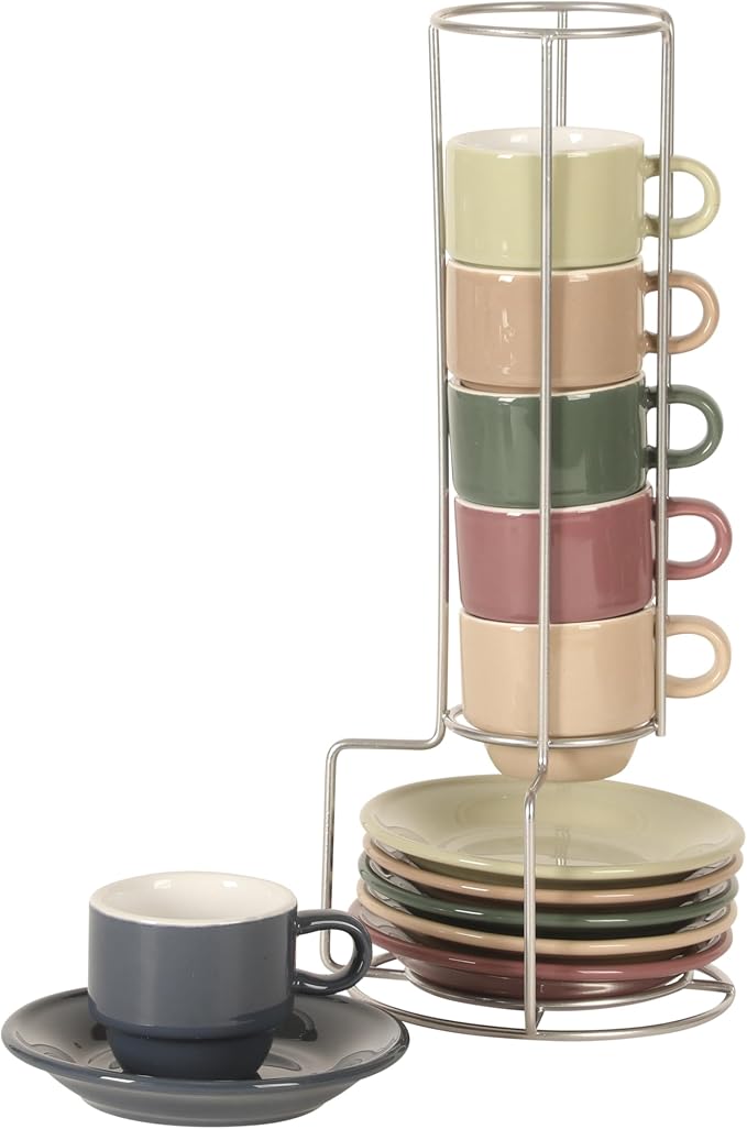 Gibson Home Brew Harmony 13 Piece Espresso Cup Set with Metal Rack, Stoneware Espresso Cups & Saucers, Solid Color Stackable Coffee Set, Café Style, Dishwasher & Microwave Safe by GibsonHomewares