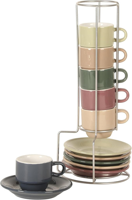 Gibson Home Brew Harmony 13 Piece Espresso Cup Set with Metal Rack, Stoneware Espresso Cups & Saucers, Solid Color Stackable Coffee Set, Café Style, Dishwasher & Microwave Safe by GibsonHomewares