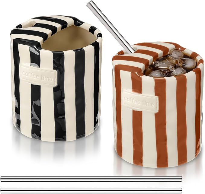 2 Pack Ceramic Coffee Mug with Sip Hole Espresso Cup 10oz with Straws Retro Hand Painted Striped Ceramic Iced Coffee Tea Travel Mug Latte Cup for Kitchen Dining (Simple,Brown,Black) by Ferrochef