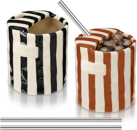 2 Pack Ceramic Coffee Mug with Sip Hole Espresso Cup 10oz with Straws Retro Hand Painted Striped Ceramic Iced Coffee Tea Travel Mug Latte Cup for Kitchen Dining (Simple,Brown,Black) by Ferrochef