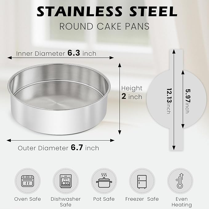 6 Inch Cake Pan - 3PCS Stainless Steel Smash Cake Baking Pans Tins with 100 PCS Parchment Paper, Round Bakeware for Party Birthday Wedding, Mirror Finish & Dishwasher Safe - Image 2