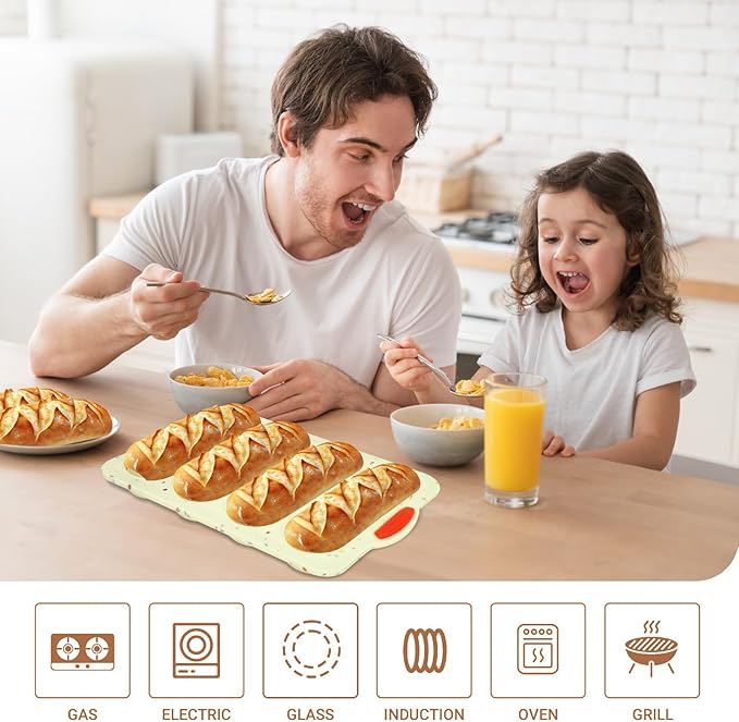 Silicone Bread Loaf Pan, 4-cavity Non-Stick Baguette Bread Pan Heat Resistant Hot Dog Bun Mold, for Sub Roll Baking Pan Bread Pans for Homemade Bread（Beige）