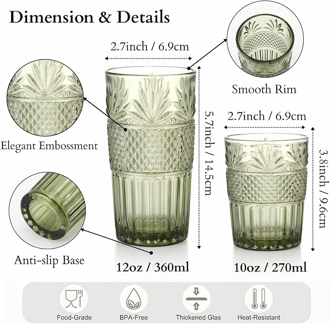 Green Drinking Glasses Set of 12, 12 Oz Highball & 10 Oz Cocktail Glasses, Green Kitchen Vintage Glassware Set, Floral Embossed Glass Tumbler Cups for Beer, Juice, Whiskey, Coffee(Pineapple) - Image 2