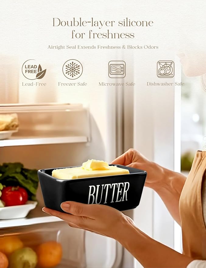 Ceramic Butter Dish with Lid and Knife & Silicone Seal for Countertop Black | Suitable Capacity, Great Sealing, Home Decor Kitchen Gift Housewarming Gift - Image 3