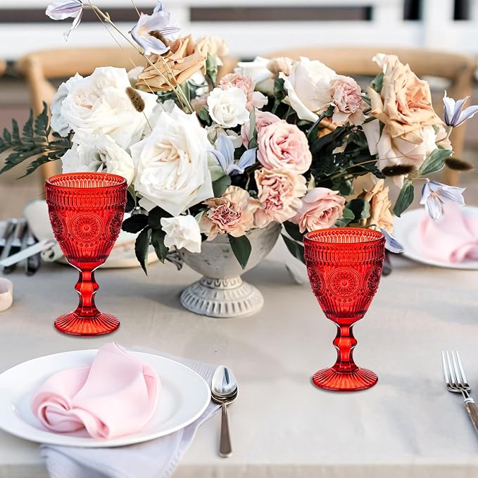 Red Vintage Wine Glasses Set of 6, 10 Ounces Colored Glass Water Goblets, Unique Floral Embossed Pattern High Clear Stemmed Glassware Wedding Party Bar Drinking Cups Fancy Glasses Hand Wash Only - Image 3
