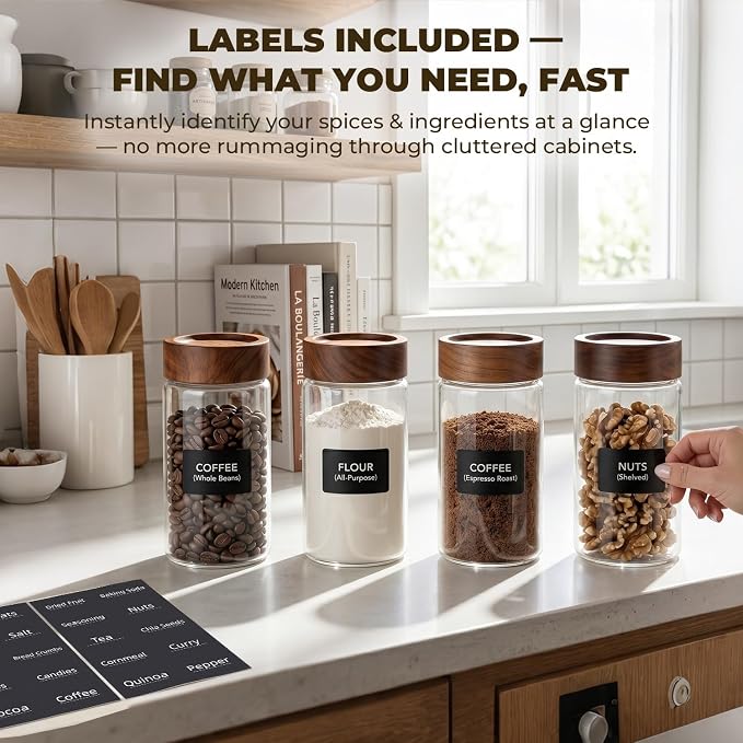 4 Pack 13 oz Glass Spice Jars with Airtight Wood Lids - 15cm Tall Small Storage Food Containers with Labels for Pantry Organization, Herb, Seasoning, Sugar, Coffee Bean, Tea - Image 2