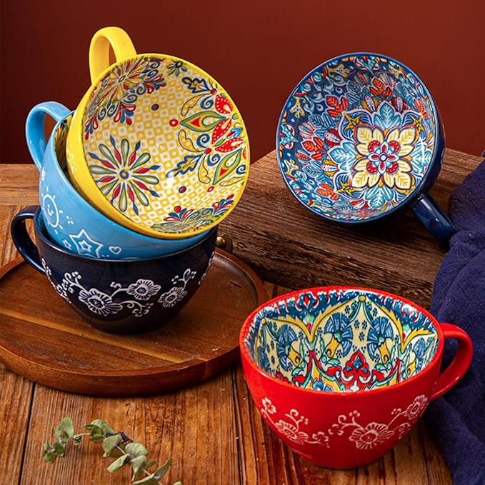 Yellow Ceramic Mug, Bohemian Hand-Painted, 15 Oz Large Coffee Cup for Milk, Tea, Breakfast, Dishwasher & Microwave Safe Cup - Image 3