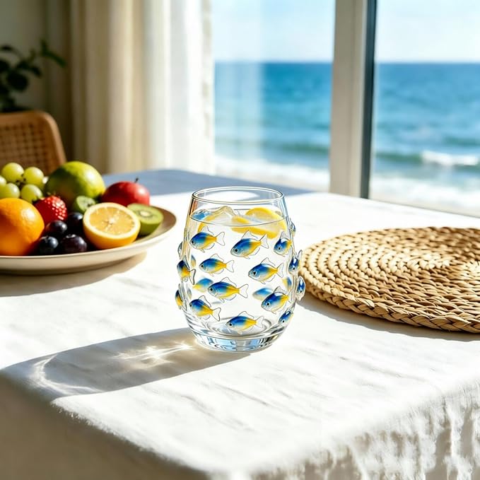 Artisanal Blue Ringed Glassware Octopuses Stemless Wine Glasses Marine Animal Bar Glass Coastal Home For Lovers (Clear2, A) - Image 3