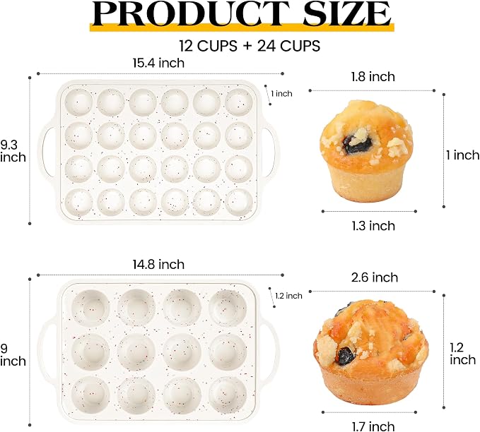 2 Pcs Silicone Muffin Pans for Baking, Cream | Regular 12 Cup and Mini 24 Cup, with Metal Reinforced Frame, Silicone Cupcake Mold, BPA Free - Image 2