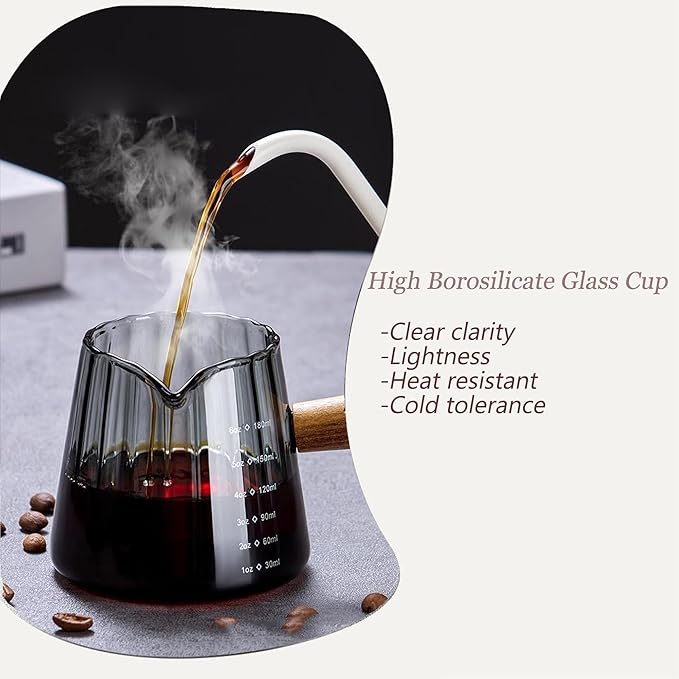 FANTESTICRYAN 6OZ Espresso Cup, Dark Gray Borosilicate Glass Measuring Cup, V-Shaped Spout Drain Espresso Double Shots with Wooden Handle, Coffee Milk Tea Accessories (Dark Gray)