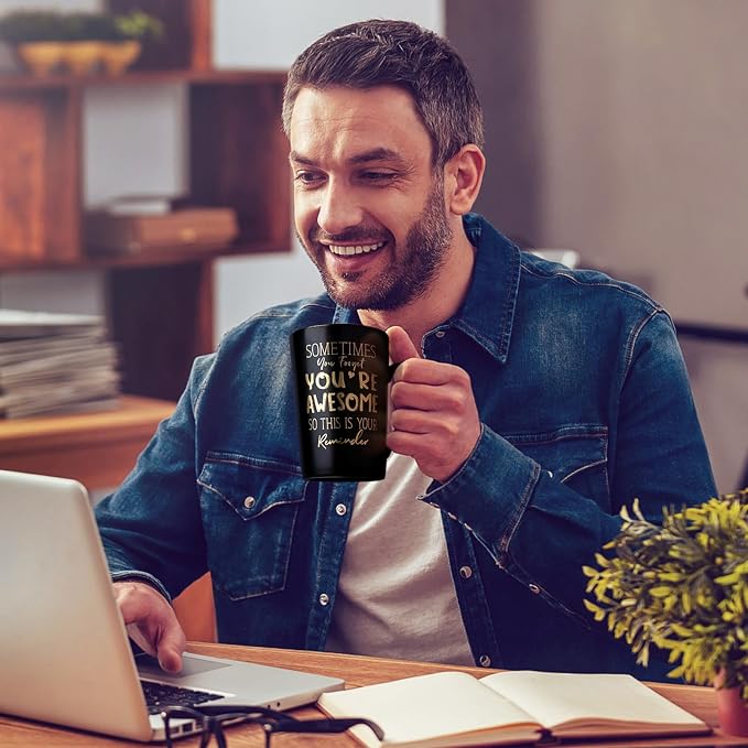 Anniversary Birthday Thank You Gifts for Men, 14oz Unique Black Ceramic Mug | Sometimes You Forget You're Awesome - Gold Print Inspirational Cup, Funny Valentines Day Presents for Boyfriend Husband Him - Image 5