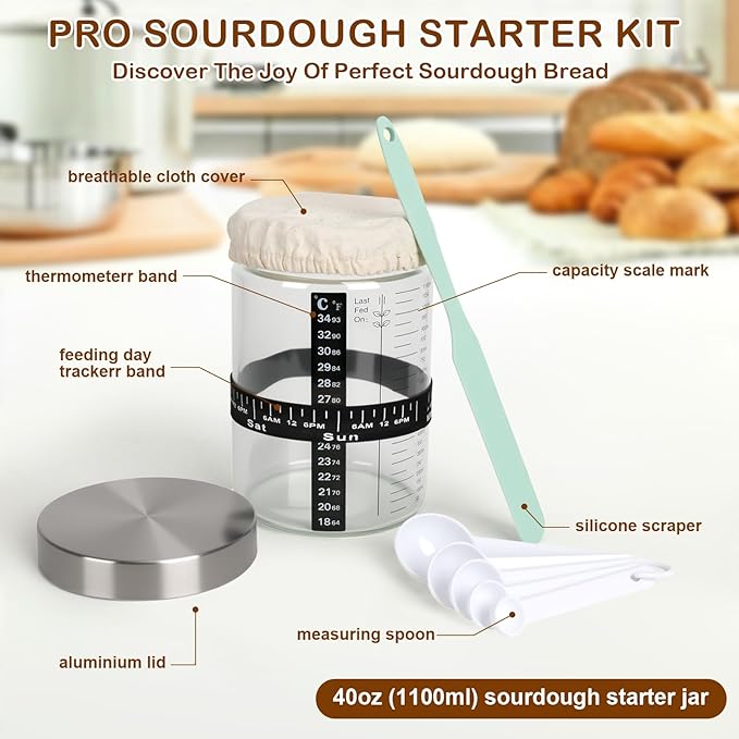 Sourdough Starter Jar Kit 13pcs, Bread Proofing Basket Making Tools with Dutch Oven Silicone Mat, Sour Dough Baking Supplies Accessories Stuff Gifts for Home Bakers Adults Women Mom Beginner