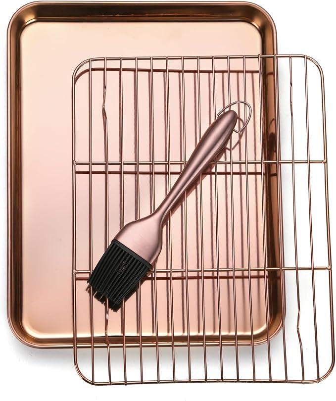 DOCBLACK Baking Sheet with Wire Rack and Silicone Pastry Basting Brush Set, Stainless Steel Cookie Sheet Baking Tray & Cooling Rack &Silicone Food Brush for Cooking and Oven, Dishwasher Safe -RoseGold by BOCBLACKKITCHENACCESSORIES