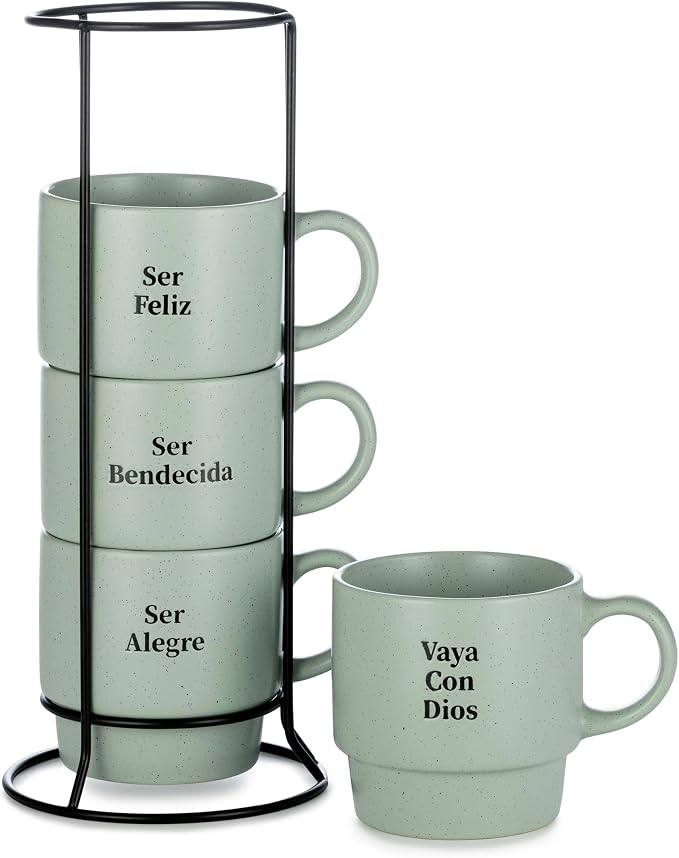 Signature Housewares Stackable Coffee Mug Tower Set with Metal Wire Rack - 15 Ounce Coffee Mugs for Coffee, Tea, Cocoa, Milk, Cappuccino, Hot Chocolate Set of 4 - Spanish Bendecida Blessed by SignatureHousewares