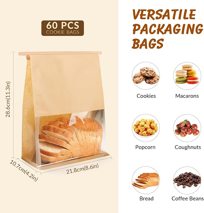 60 Pcs Bread Bags for Homemade Bread, Paper Sourdough Bags With Window | 4.2x8.6x11.3 Inches Ties Tab Lock Resealable Paper Bakery Packaging Bags for Home Bakers and Bakery Owners - Image 2