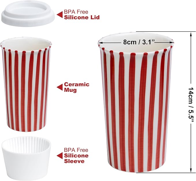 Ceramic Travel Mug with Lid (12 oz) – Stylish Coffee Cup for Women & Men, Microwave & Dishwasher Safe, Spill-Resistant To Go Tumbler, Fits Car Cup Holder (Red) - Image 2