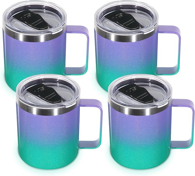 Volhoply 14oz Insulated Stainless Steel Coffee Mug with Lid Bulk 4 Pack,Double Wall Vacuum Travel Coffee Cup with Handle,Reusable Cups Tumbler,Camping Mugs Keep Hot,Ideal Gifts(Purple Green,4) by LiveFully%EF%BC%8CDrinkFreely%E2%80%94KeepGoingwithVolhoply%EF%BC%81