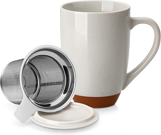 MALACASA Ceramic Tea Mug with Lid and Stainless Steel Infuser, 18 oz Large Tea Cup for Loose Leaf Tea, Heat-Resistant, Microwave & Dishwasher Safe, Speckled Glaze Coffee & Tea Brewer Mug, Khaki Gray by MALACASA