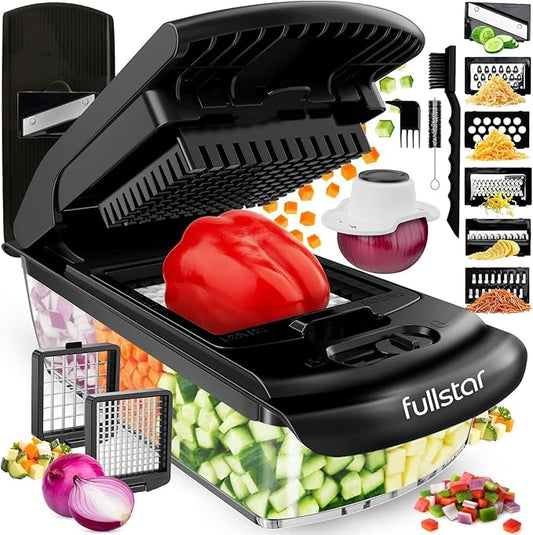 Fullstar Pro Original Vegetable Chopper & Mandoline Slicer Kitchen Gadget | 8 in 1 Veggie Slicer, Onion & Fruit Cutter with Sharp Stainless Steel Blades & Container, All-in-One Meal Prep Tool (Black) by fullstar