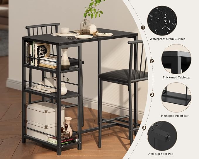 Gizoon 3-Piece Bar Dining Table Set for 2, Kitchen Table w/Shelves Black | Space-saving black bar height table set with 3 storage shelves. Includes 2 high-density PU cushion chairs that tuck away. - Image 3