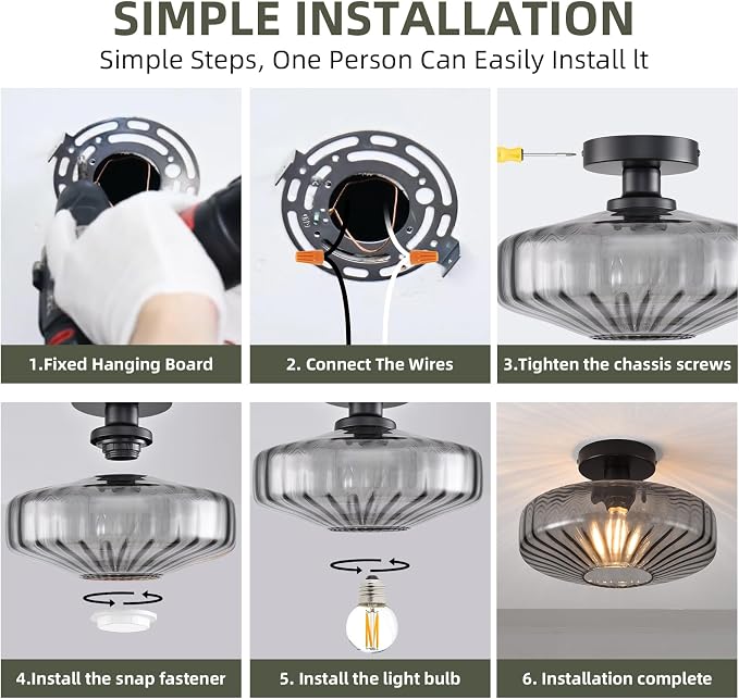 Semi Flush Mount Ceiling Light, 11.8 Inch Smoke Grey Glass Ceiling Light Fixture, Farmhouse Hallway Lighting Fixtures for Kitchen, Foyer, Bedroom, Bathroom, Dining room, E26 Base (Bulb Not Included) - Image 6