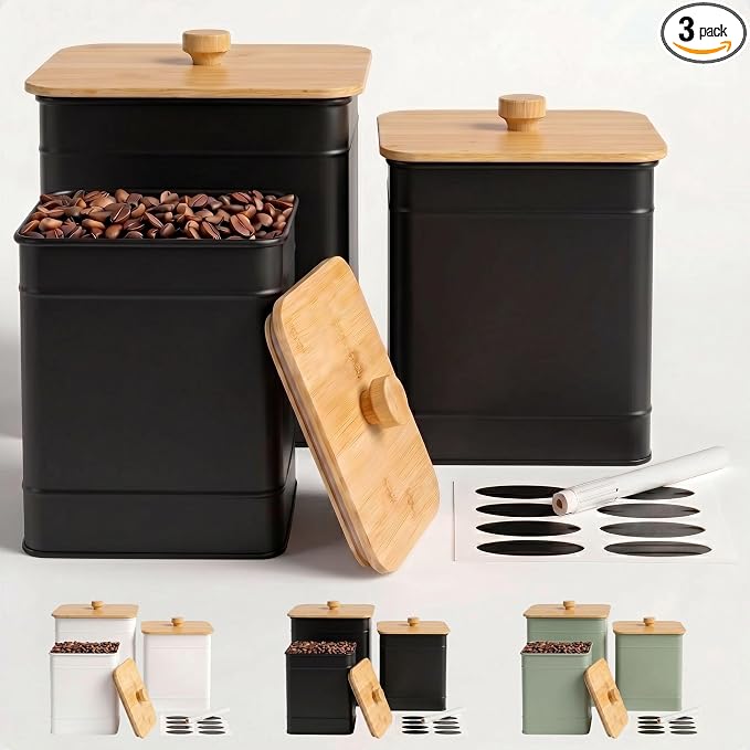 Kitchen Canisters for Countertop Set of 3 w/ Chalkboard Labels & Marker Pen | Airtight Easy Open Bamboo Lids, Dent-Resistant Thick Metal, Customizable Chalkboard Labels, Marker Pen Included, Set of 3 by HBDesignCo