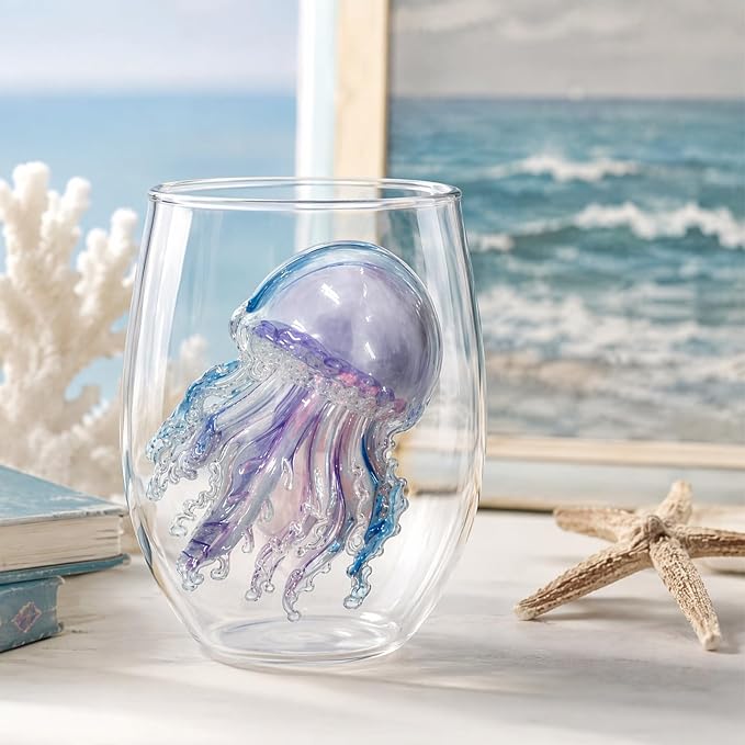 Blue Ring Stemless Ocean Glass (White Style 4) | 3D Sculpted Handmade Blue Ring Stemless Glass Ocean Cup Handblown Glassware (White Style 4) - Image 2