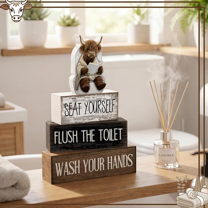 Moucuny 4 Pcs Highland Cow Bathroom Decor Set Funny Rustic Wooden Tiered Tray Signs with Highland Cow Toilet Figurine, Farmhouse Bathroom Shelf Decor, Etiquette Reminders for Restroom Toilet Vanity - Image 4