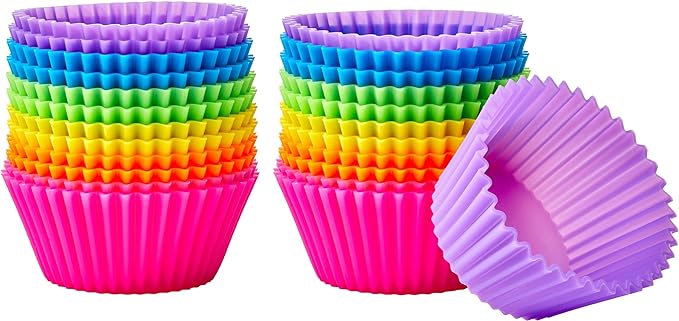 Amazon Basics Reusable Non-Stick Silicone Baking Cups, BPA Free, Dishwasher Safe, Easy to Remove, Food Grade, Oven Safe, 2.9 x 2.9 x 1.3 in (LxWxH), Multicolor, 24-Pack by AmazonBasics