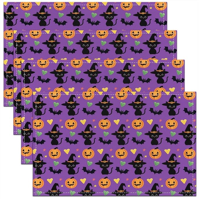 Feelyou Happy Halloween Placemats Set of 4 Cute Ghost Cat Table Mats for Party Kitchen Dining Decoration Holiday Seasonal Purple Orange Black Place Mat for Dinner Table Indoor Outdoor 18"x12" Pumpkin by Feelyou