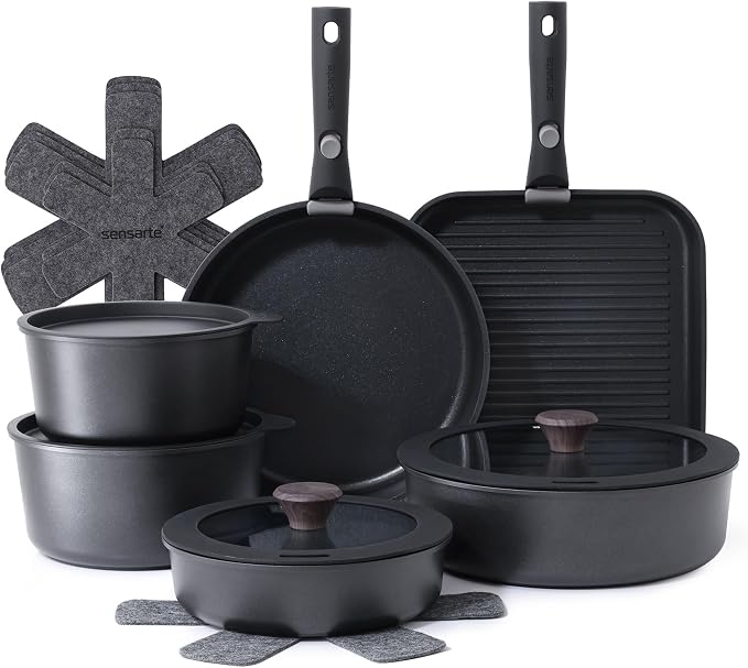 SENSARTE 17 Piece Nonstick Detachable Handle Pots and Pans Set Black | Removable Handle Cookware Set, Induction Cookware Set with Removable Handle, Healthy Non Stick for RV, Dishwasher ＆ Oven Safe by SENSARTE